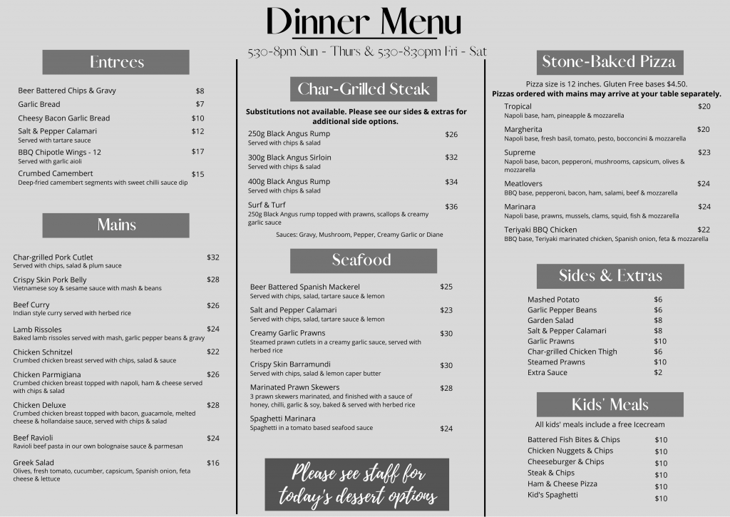 Lucinda Hotel Dinner Menu